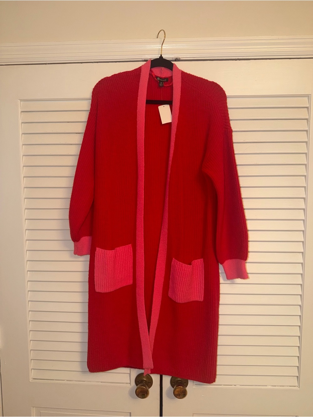 Versona Open-Front Long Cardigan in Red with Pink Trim